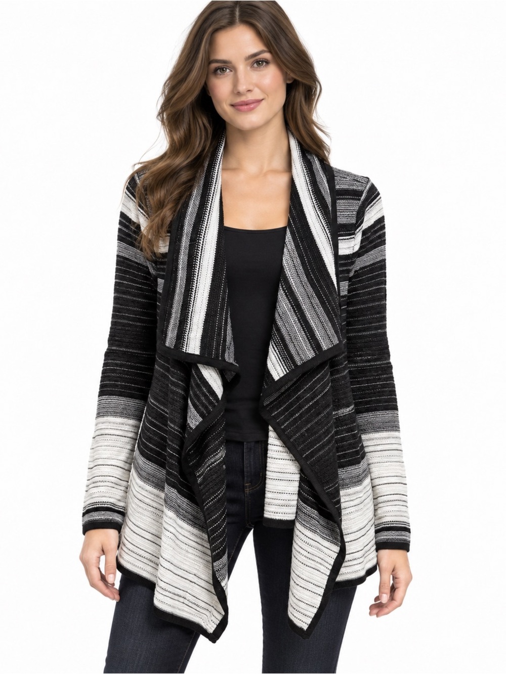 Ivanka Trump Black White Striped Waterfall Open Front Cardigan